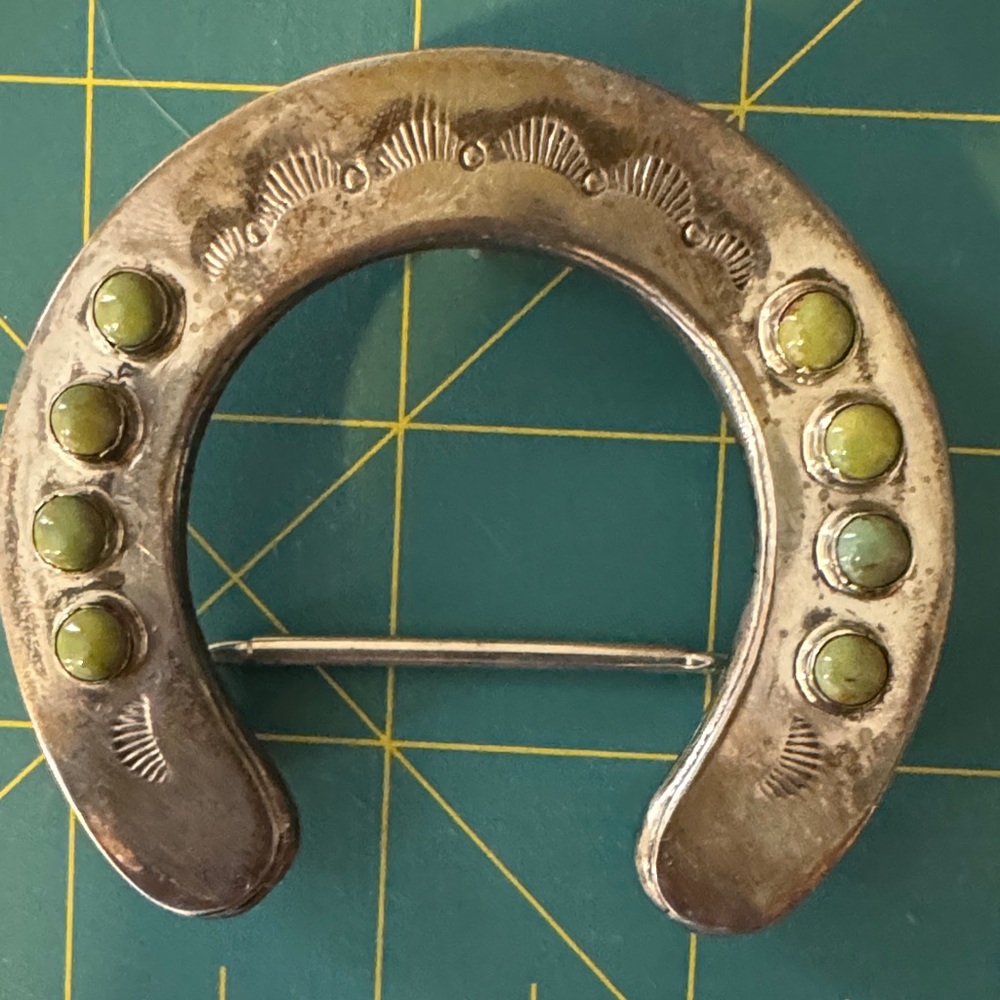 Horseshoe Sterling Silver Belt Buckle with Green Turquoise Accents - Picture 3 of 7